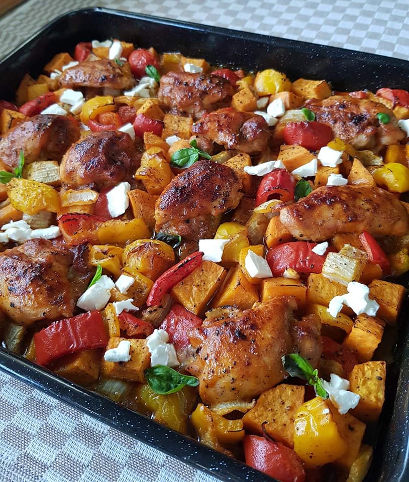 ROASTED CHICKEN TRAYBAKE WITH SWEET POTATOES AND BELL PEPPERS
